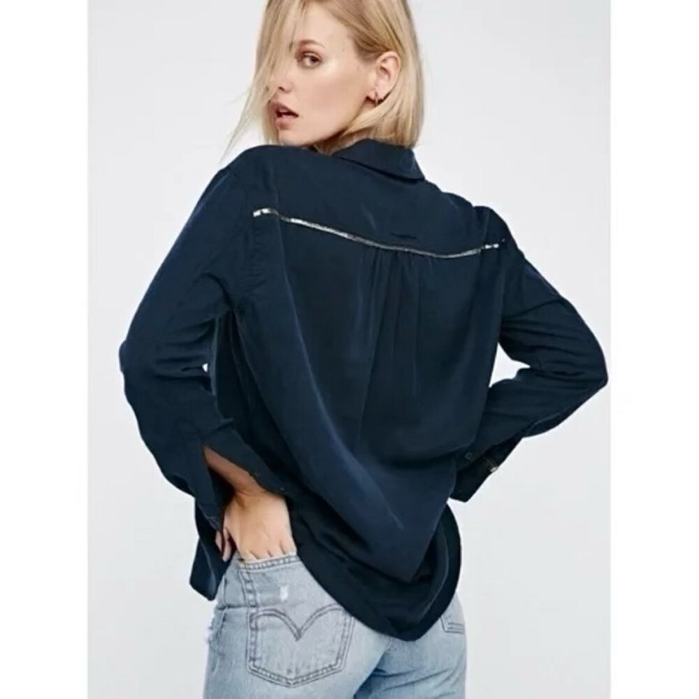 Free People Off Campus Navy Blue Metallic Button Down Shirt - Picture 8 of 8
